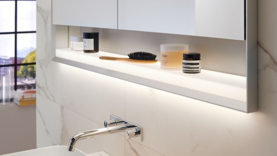 Geberit ONE mirror cabinet with ComfortLight and open shelf surface