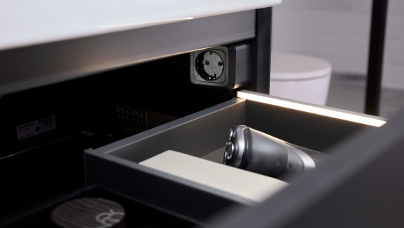 Geberit ONE drawer with light strips and connecting power socket element