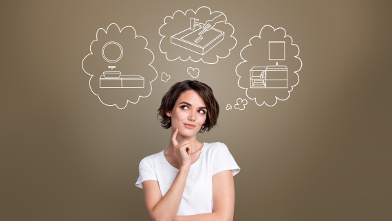 Woman thinking about her dream washbasin area Woman thinking about her dream washbasin area