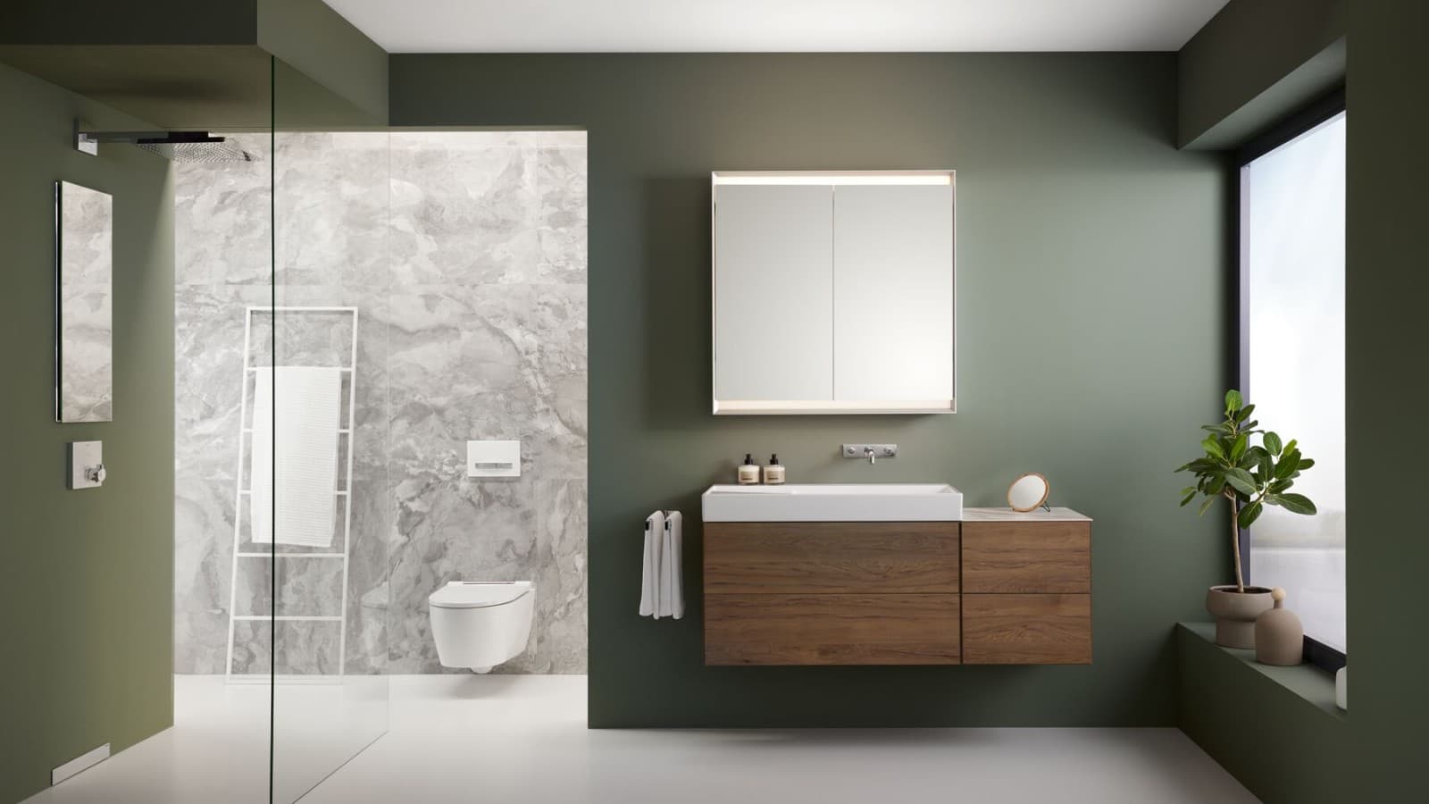 Spacious bathroom with Geberit ONE furniture and ceramics and wall drain Spacious bathroom with Geberit ONE furniture and ceramics and wall drain