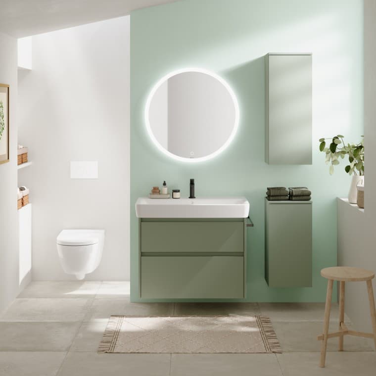 Geberit Renova Plan furniture in green combined with lofty white Geberit Renova Plan furniture in green combined with lofty white
