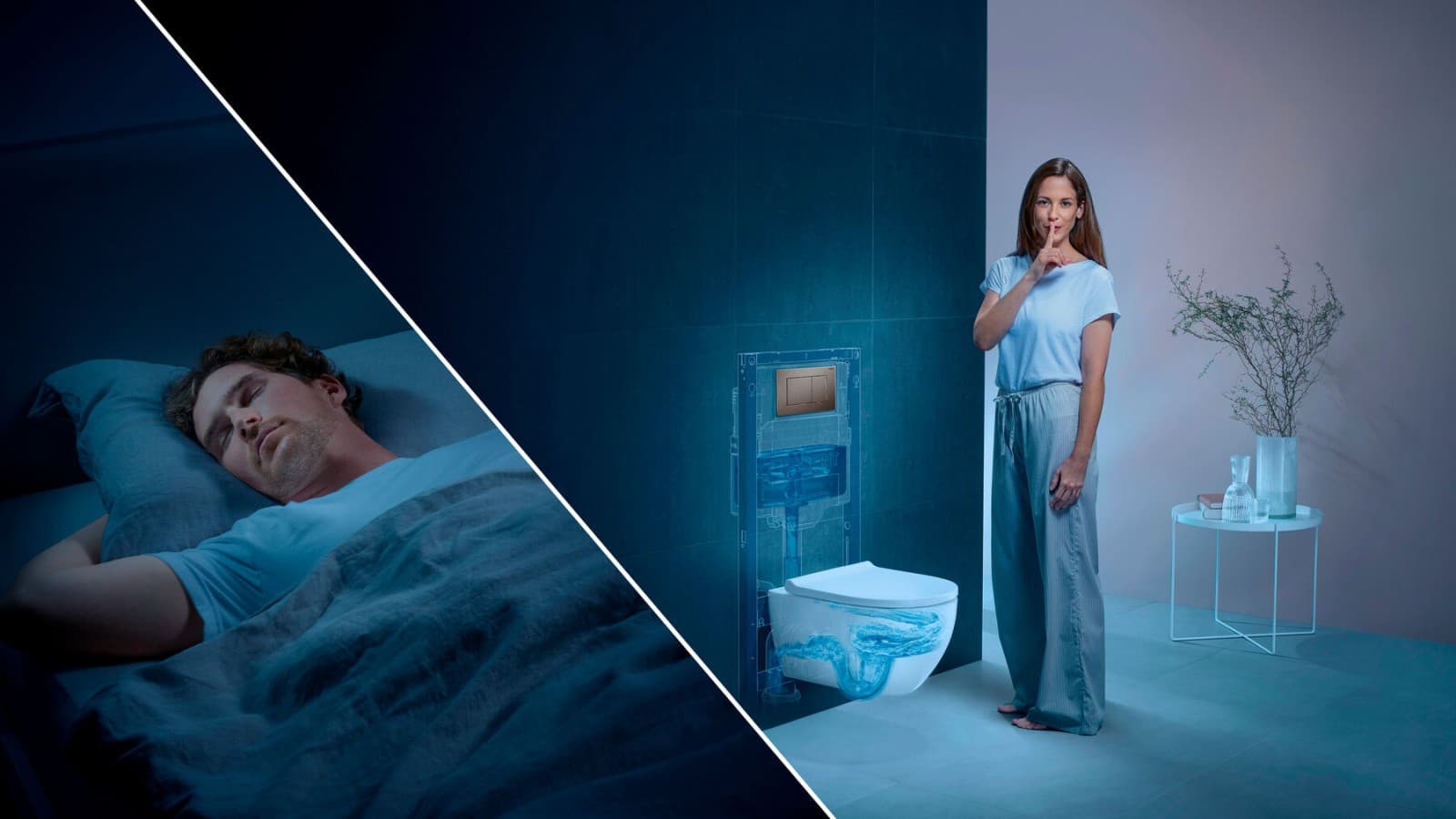 A man is sleeping in the bedroom while a woman flushes the toilet in the bathroom. A man is sleeping in the bedroom while a woman flushes the toilet in the bathroom.