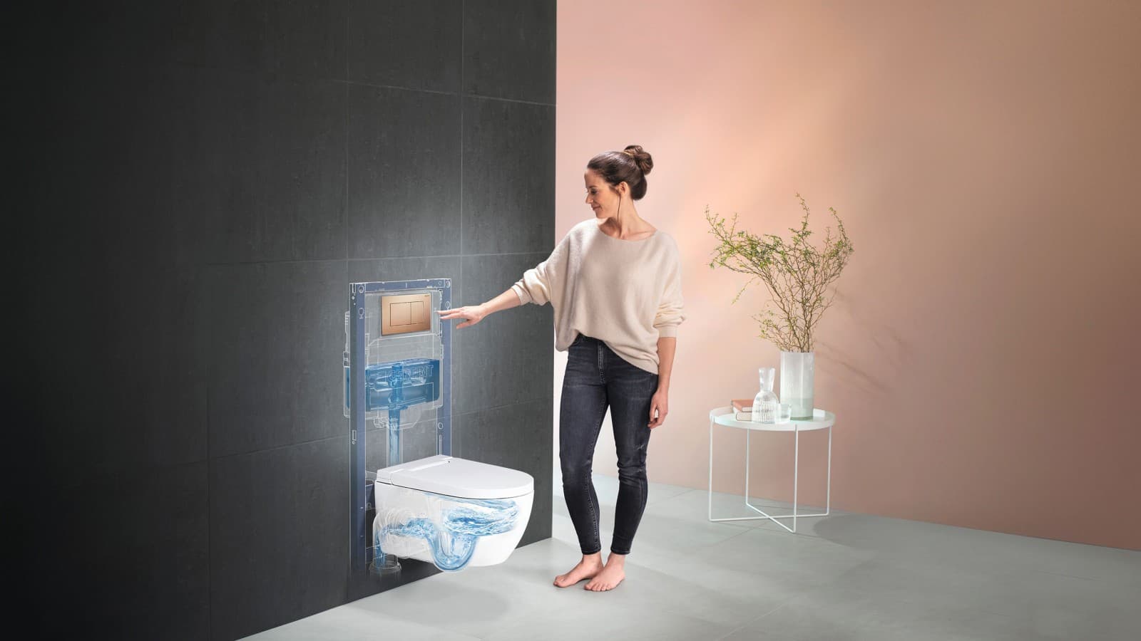 Woman next to Geberit AquaClean Alba Woman next to Geberit AquaClean Alba