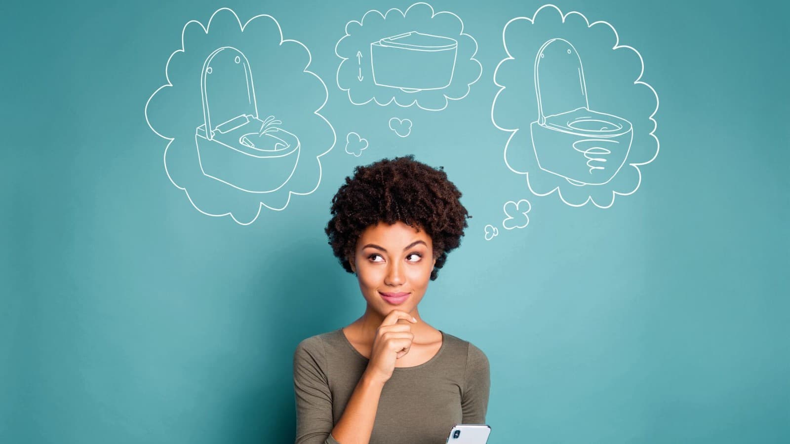 Woman thinking about her dream toilet Woman thinking about her dream toilet